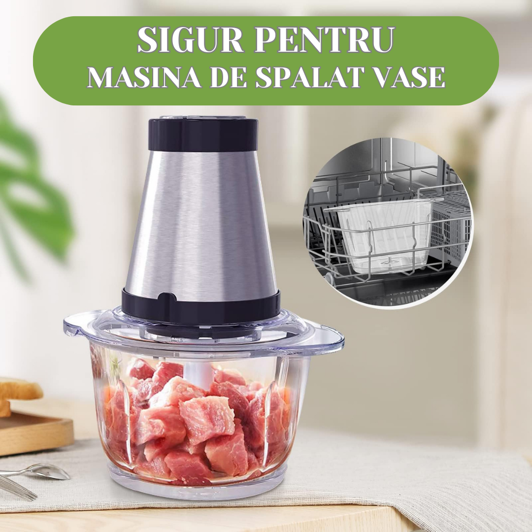 Tocator electric pentru carne si legume, 4 lame inox, 2 viteze, bol sticla