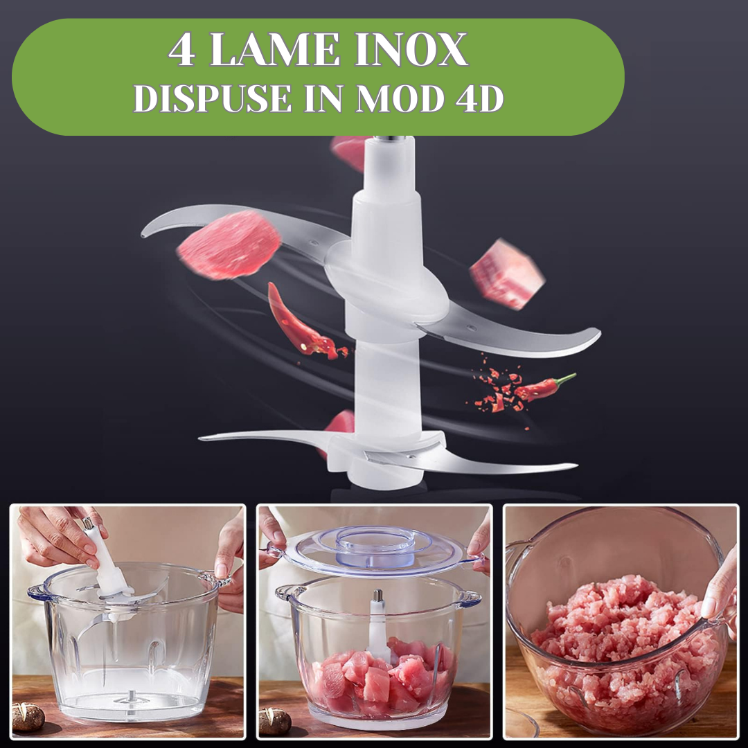 Tocator electric pentru carne si legume, 4 lame inox, 2 viteze, bol sticla
