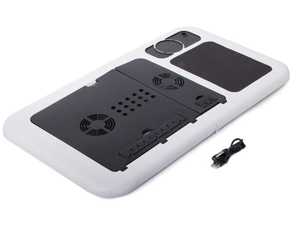 Masa pentru laptop, cu 2 ventilatoare, suport pix si pahar pliabila