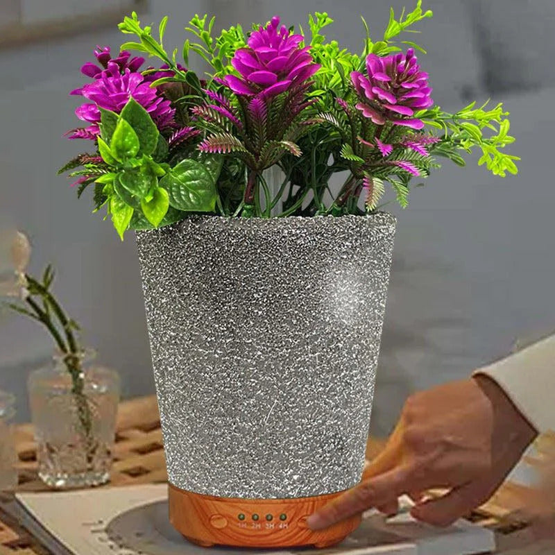 Umidificator aromaterapie in forma de ghiveci cu flori, 7 culori, programabil