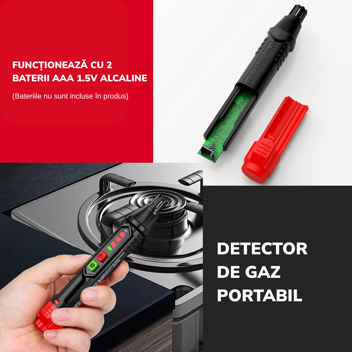 Detector de gaz portabil, alarma vizuala si sonora, sensibilitate reglabila