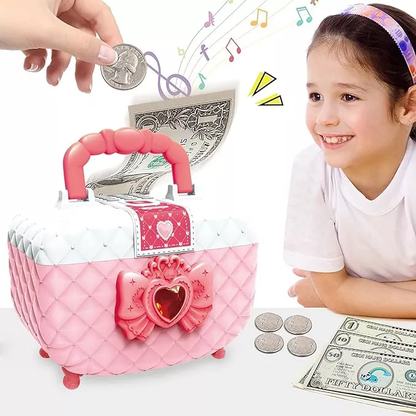 Pusculita economii pentru copii, pentru bancnote si monede, roz