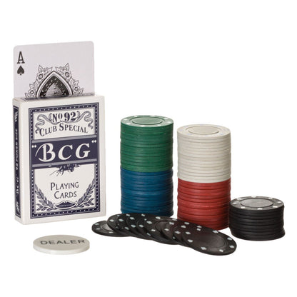 Set Poker cu 80 de jetoane in 5 culori, buton dealer si carti de joc, cutie metalica